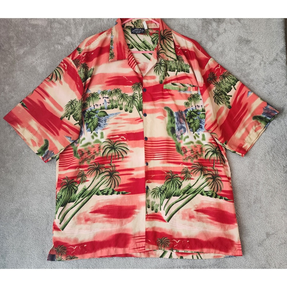 Pacific & Co Shirt Mens XL Red Hawaiian Tropical Palm Tree Island Button Up